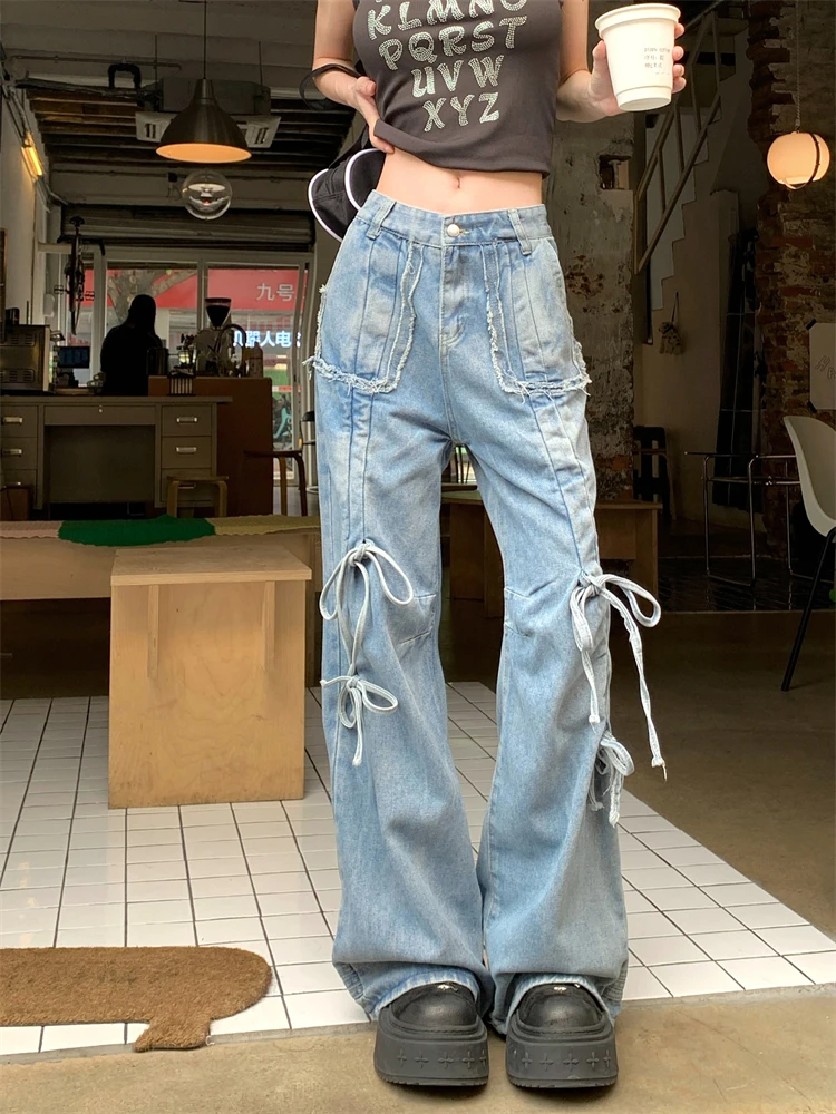 

Women's Drawstring Design Blue Jeans Young Girl Straight Denim Trousers Vintage Street Style Bottoms Female High Waisted Pants