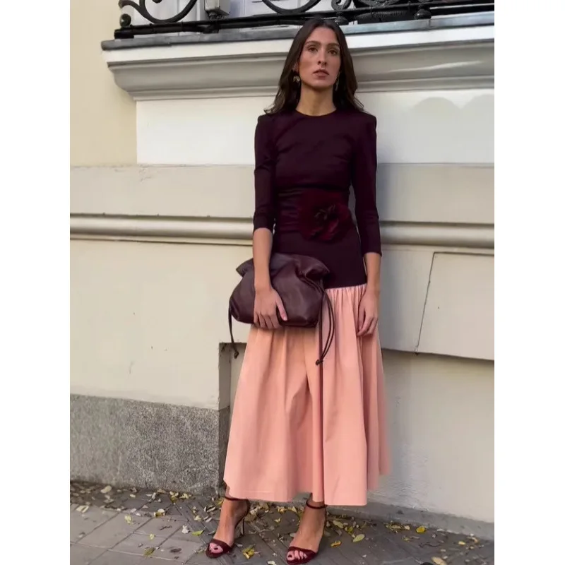 여성 맥시 스커트 패션 2025 새로운 우아한 대비 스플 라이스 Pleated 라운드 칼라 긴 소매 슬림 가운 여성 Partywear 드레스