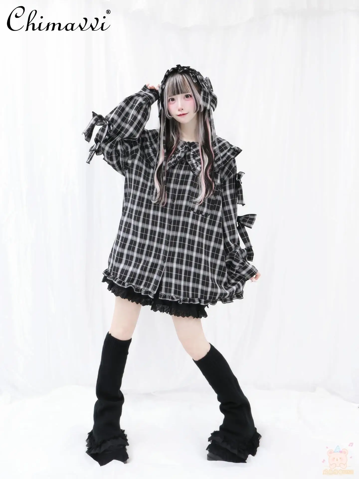 Japanese Mine Subculture Sweet Girl Bow Plaid Doll Collar Long-sleeved Shirt Spring and Autumn New Fashion Loose Blouse Y2k Top