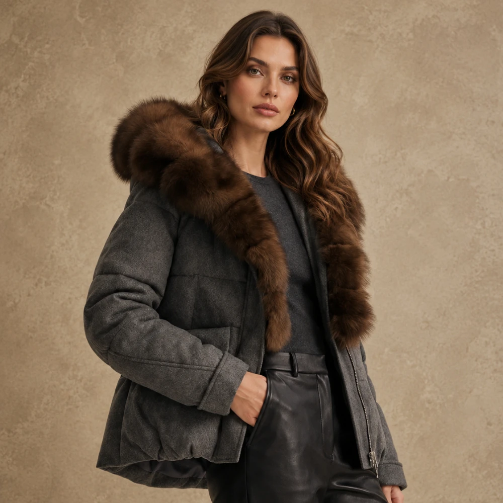 Women's Natural Fur Coat Down Jacket with Hooded Loose Puffer Jacket Thick Design Real Fox Fur Warm and Comfort Fashion Casual