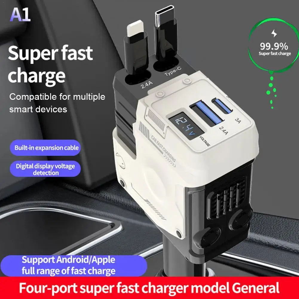 100W 4 IN 1 Retractable Car Charger Car Super Fast Charge Flash Charging, Telescopic Cable Four-in-one Point Smoker Car Charging