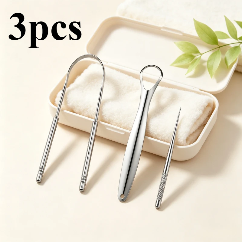 3pcs Stainless Steel Tongue Scraper,Reusable Oral Cleaner with Toothpick,Reduce Bad Breath,Hygienic Portable Tongue Scraping