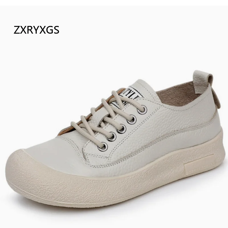

ZXRYXGS 2025 Bestselling Spring Genuine Leather Sneakers Casual Shoes Flat Comfortable Ladies Trendy Shoes White Black Brown