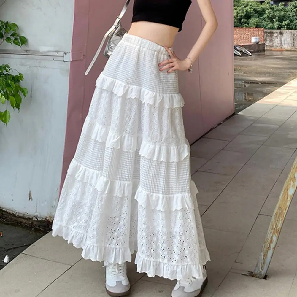 

Ruffle Stitching Cake Skirt Elegant Women's Maxi Skirt High-waisted A-line Design with Hollow Crochet Flower Pattern for Any