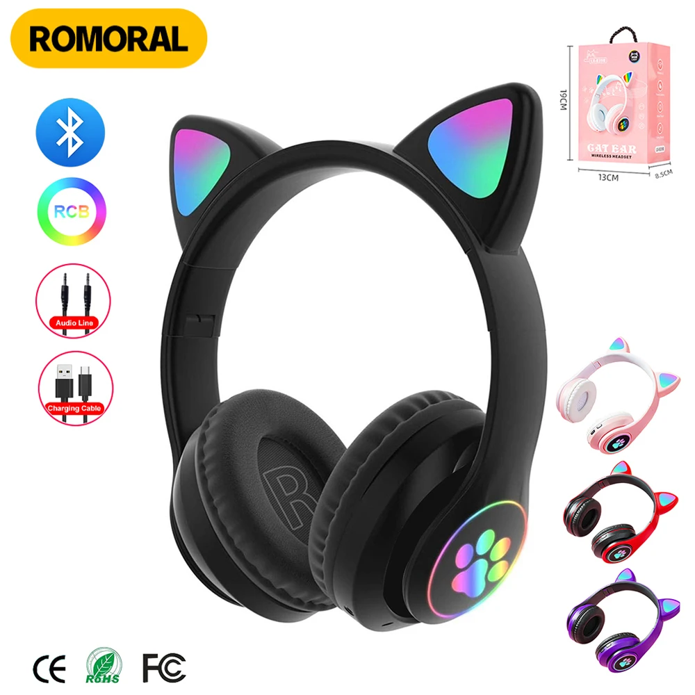 Cute Cat Wireless Headphones RGB Cute Cat Ears Headset With Microphone Noise Cancelling Kid Stereo Music Children\'s Gifts