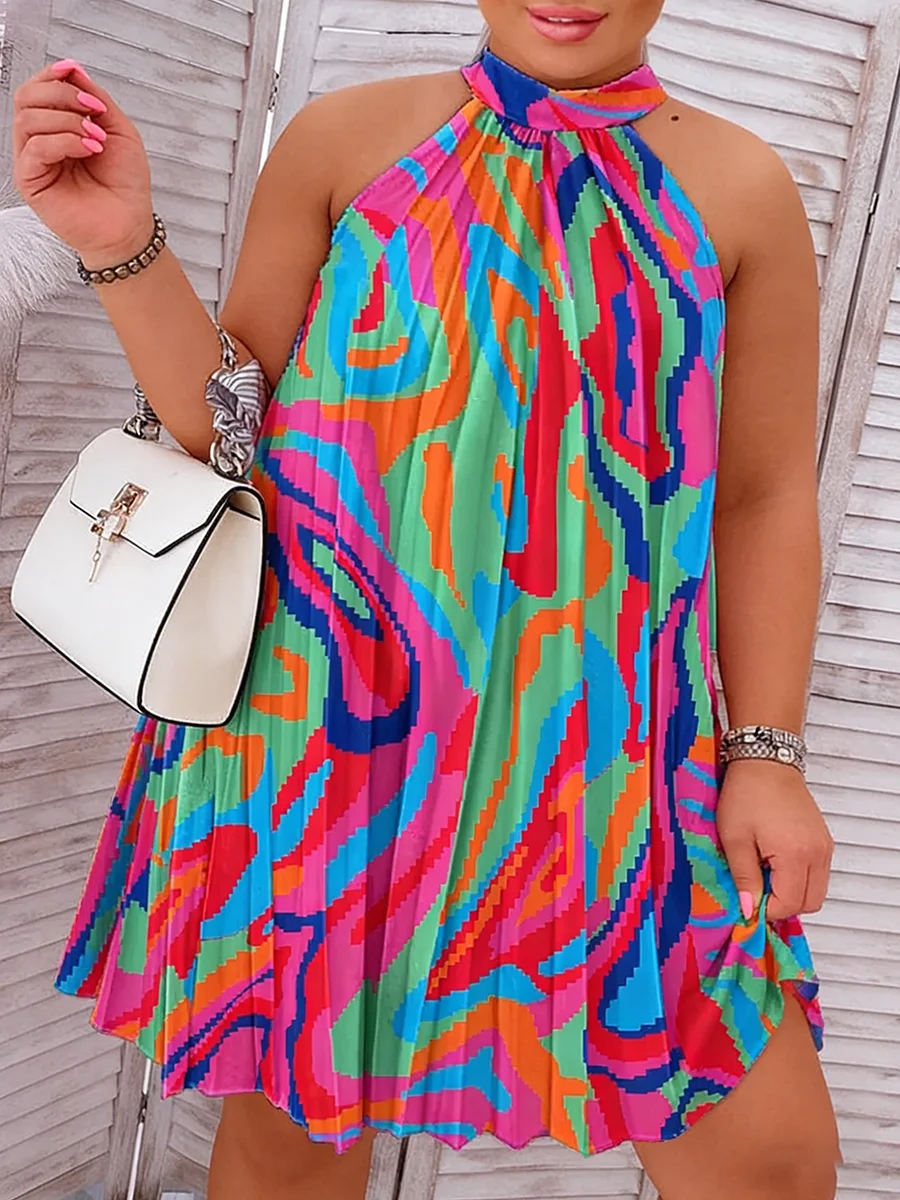 

Plus Size Women's Dress Halter Neck No Sleeve Abstract Swirl Print Loose Mini Dress Vibrant Spring Summer Beach Light Dress