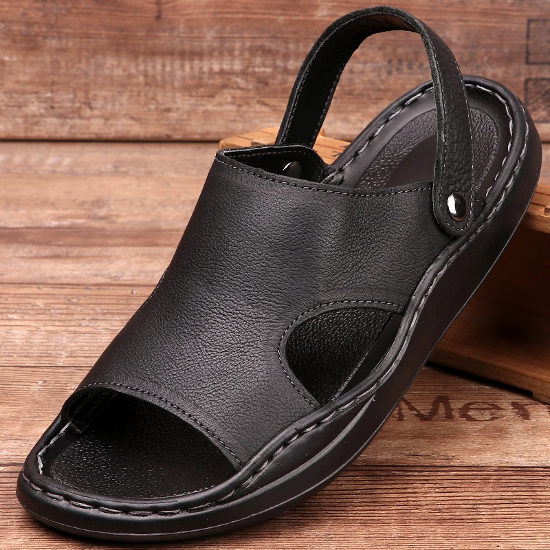 

US Size Summer Soft Leather Mature Men's Concise Simple Sandals Breathable Outdoor Non-slip Beach Shoes