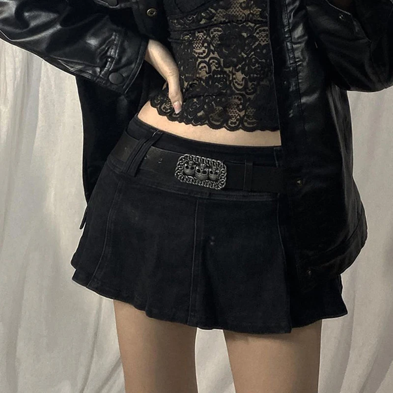 Rok Mikro Hitam Pinggang Rendah Y2K Streetwear Saku Patchwork Rok A-line E-girl Estetika Pakaian Ritsleting