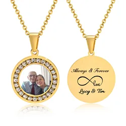 Colgante de collar con foto personalizada para hombre y mujer, collar de circonita cúbica redonda personalizada, cadena de acero inoxidable ajustable