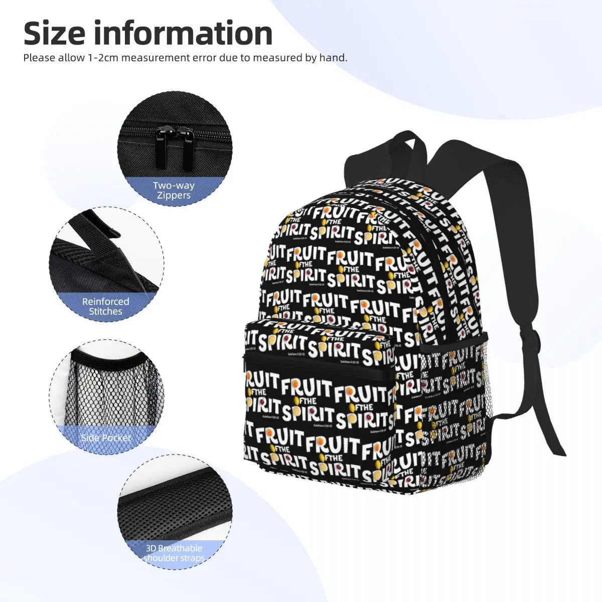 Fruit Of The Spirit Galatians 5 Sac à dos étudiant chrétien Sac d'école Sac à dos de voyage de randonnée pour hommes Femmes Bookbag Sacs à bandoulière