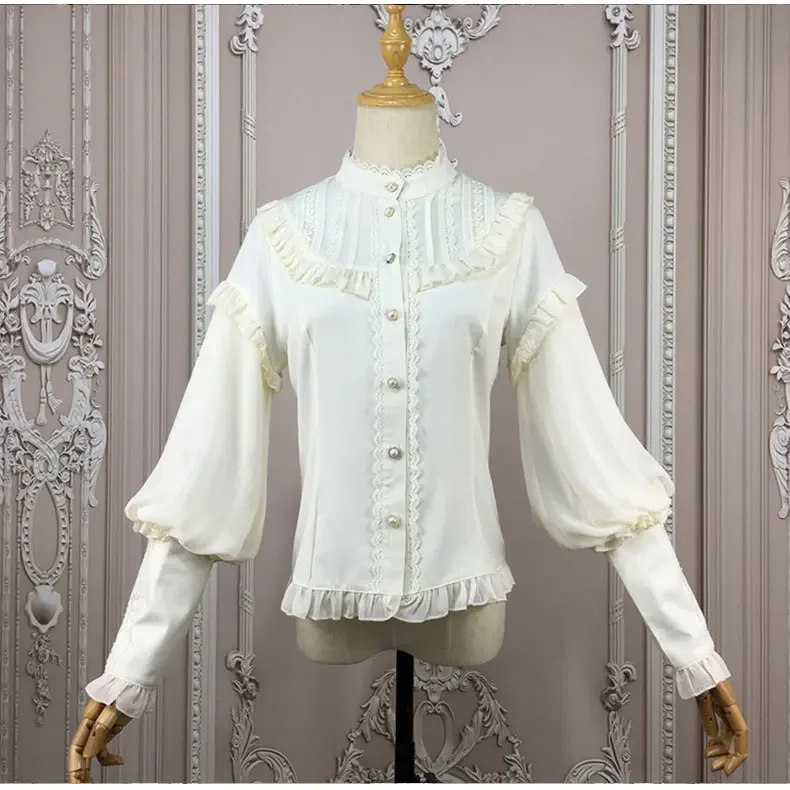 Vintage Bishop Sleeve Lolita Top Stand Collar Chiffon Blouse