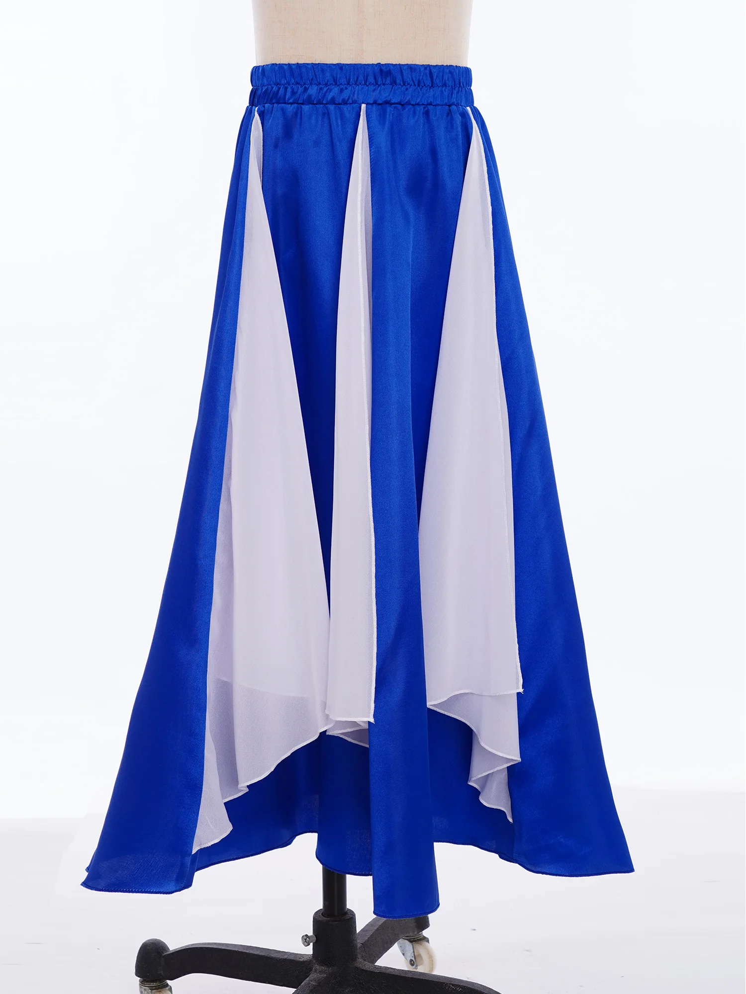 Gonne da ballo per bambini e ragazze, culto, performance sul palco, costume da flamenco, gonna in raso con pannello in chiffon con orlo largo e blocchi di colore