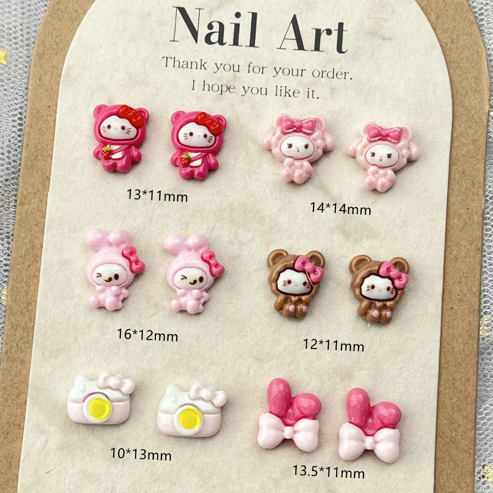 20Pcs Sanrio Teddy Bear Hello Kitty Nail Art Accessories Cartoon Camera Bowknot Wearable False Nails Resin Decoration Supplies