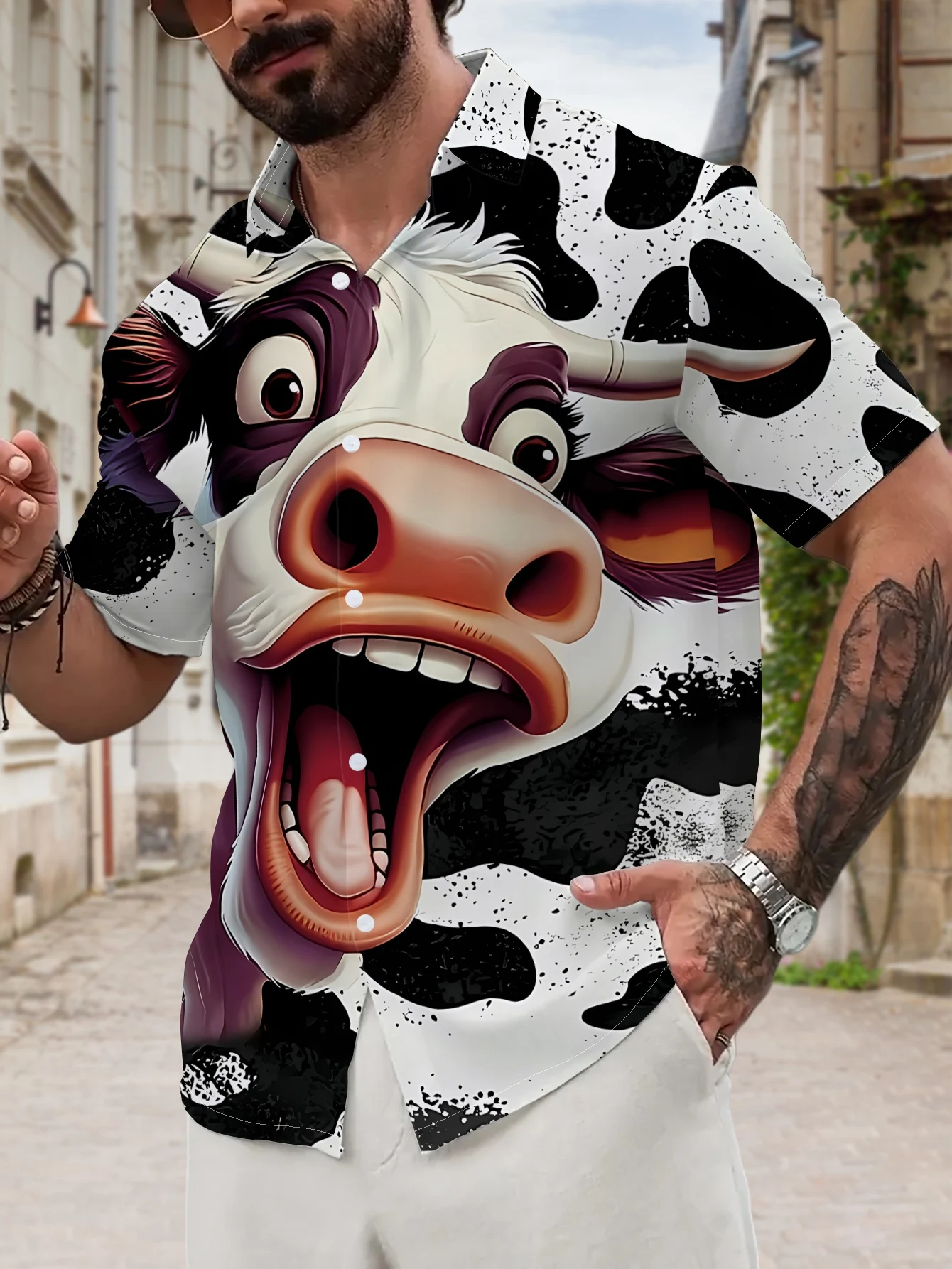 New Men's Casual Short-Sleeve Shirt Featuring Surprised Cow 3D Print Perfect Holiday Gatherings Commuting Men Tops