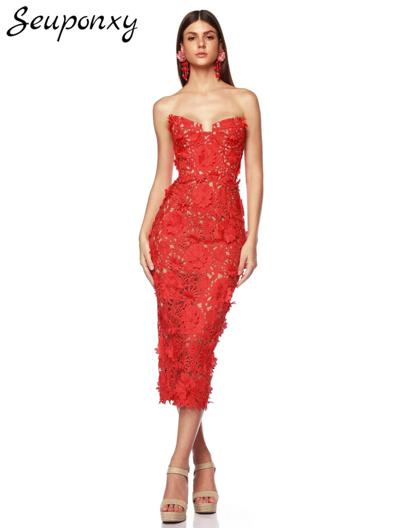 

High Quality 2024 New Summer Women'S Sexy Strapless Backless Flower Lace Bandage Dress Elegant Celebrity Party Dress Vestidos
