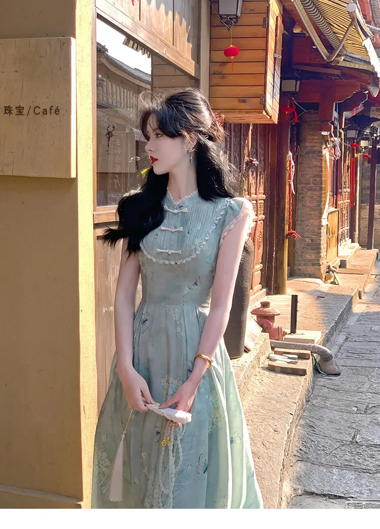 

Korea Elegant Vintage Floral Slip Dress Women Ruffles Design Long Fairy Dress Female Summer Casual Chic Party Dress 2024 New