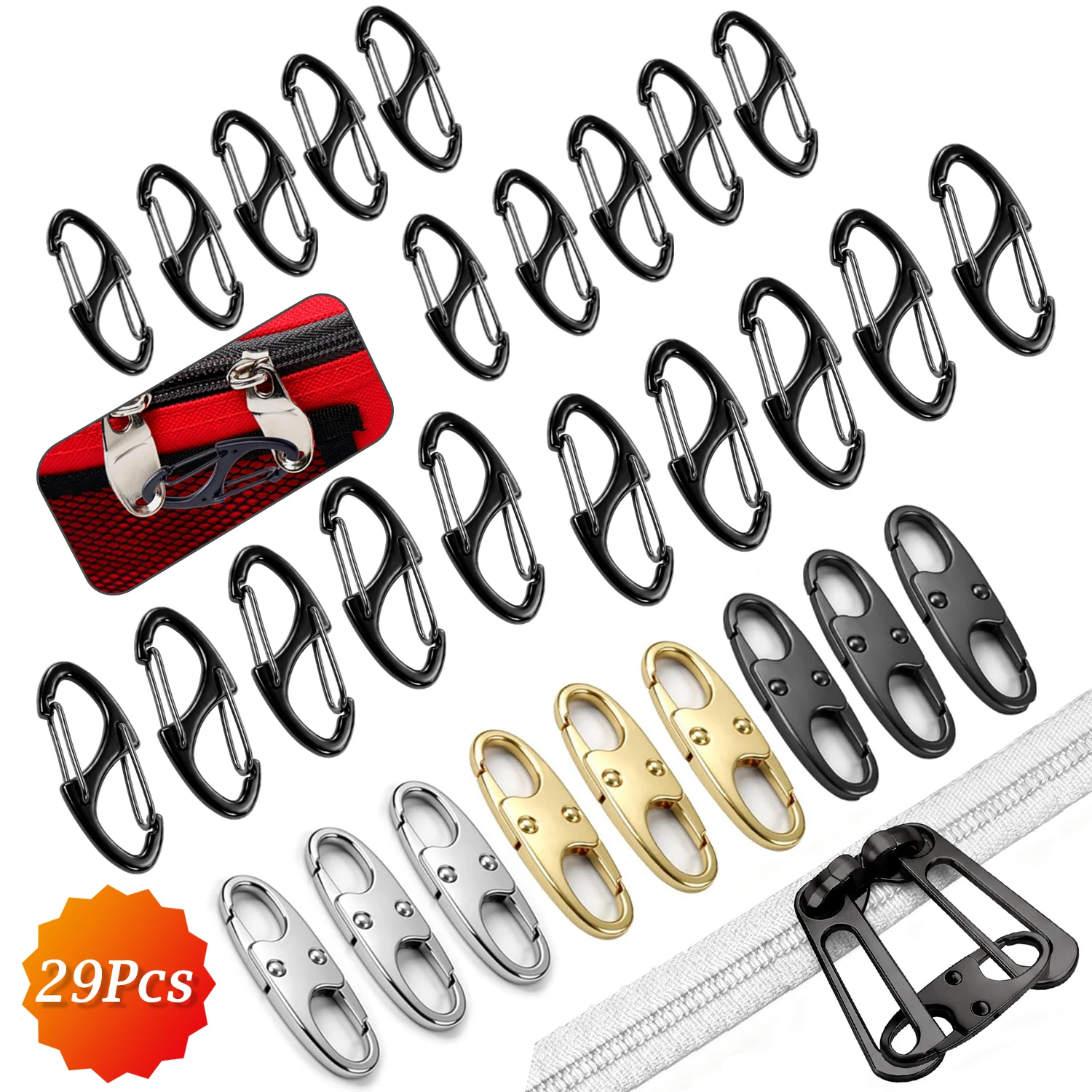 29-teiliges Anti-Diebstahl-Reißverschluss-Set: Doppel-Karabiner-Clips, Reißverschluss-Zipper, Ersatz-Reißverschluss-Sperren für Taschen und Gepäck