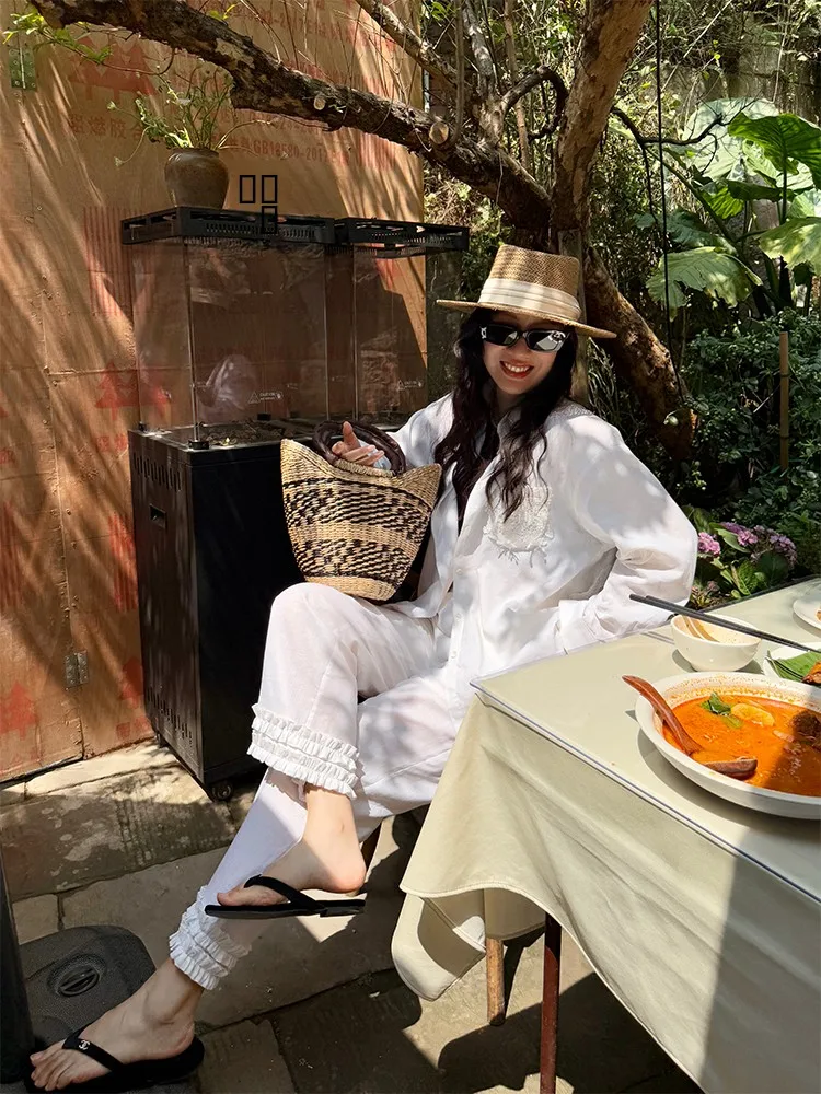 

Комплект Heidy Jungle Diary: хлопковая кружевная солнцезащитная рубашка и женские летние льняные брюки 9/10 длины, повседневный комплект из двух предметов