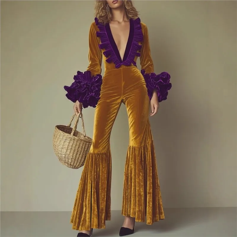 

Осень-зима, комбинезоны с длинными рукавами и оборками, 2025 год, бархатные однотонные модные лоскутные уличные комбинезоны, широкие брюки