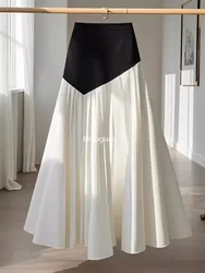 Temperament Contrasting Color Slim Fit A-line Umbrella Skirt Mujer Vintage Long Pleated Skirts New Spring Autumn Fashion Woman‘s