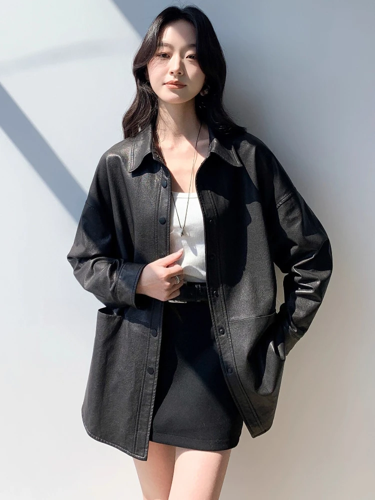 Casual lederen shirtjassen voor dames lente herfst 2025, nieuwe high-end eenvoudige losse zachte zwarte echte schapenvachtjas