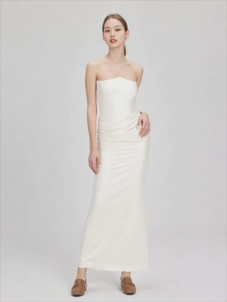 XIAOTANG 피쉬본 섹시 맥시 새틴 드레스 여성용 스트랩리스 슬리브리스 플리츠 롱 드레스 여성 우아한 이브닝 파티 드레스