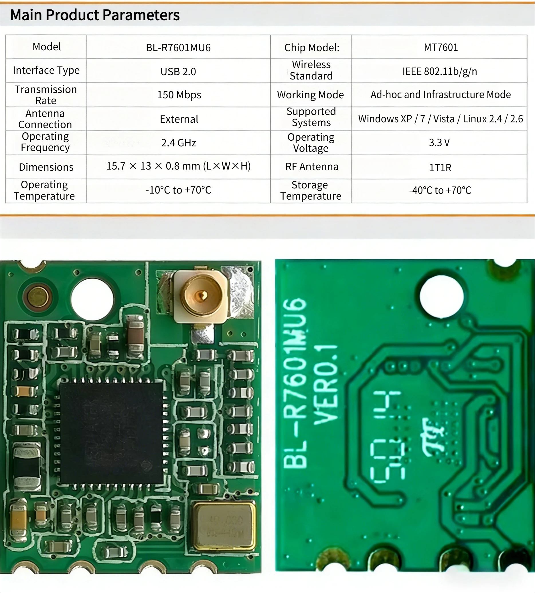 

WiFi Wireless Module with MT7601UN Chip Built-in IPEX Antenna Base Special for Security Wireless Network Cameras
