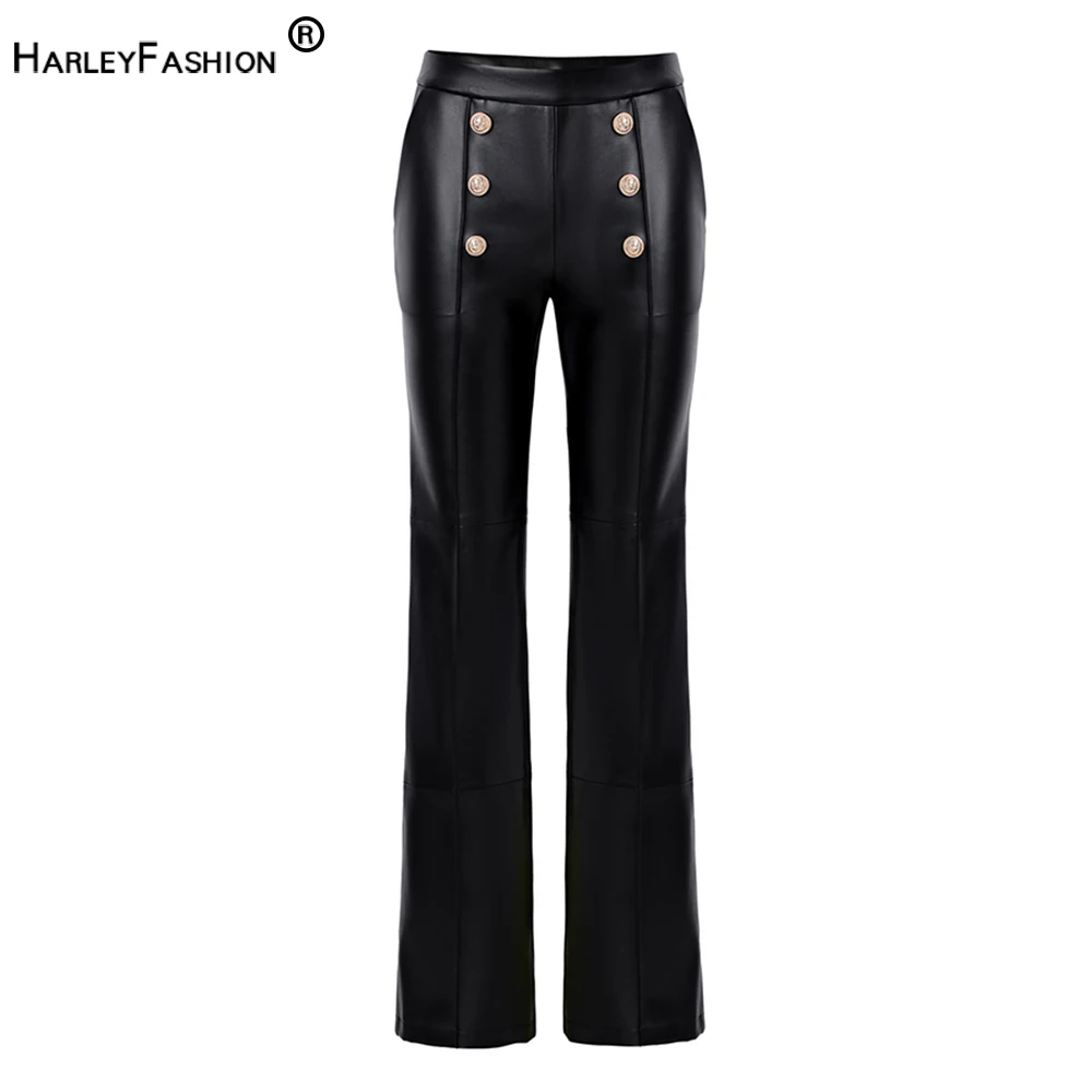 European American Women Winter Quality Women PU Leather Long Pants Gold Buttons Vinatge Classic Style All-matched Full Length