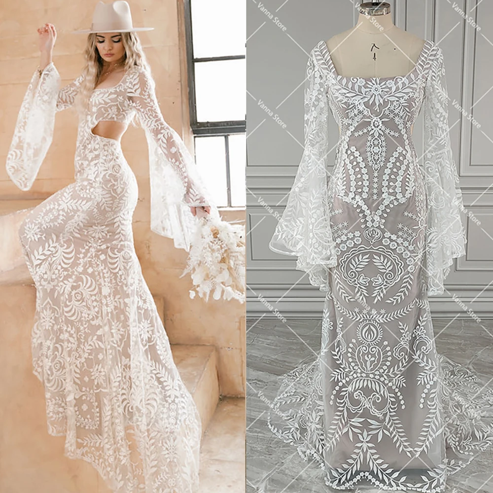 Lace Square Neck Long Bat Sleeves Wedding Dress Plus Size Custom Made Backless Side Hollow Cutouts Mermaid Rustic Bridal Gown