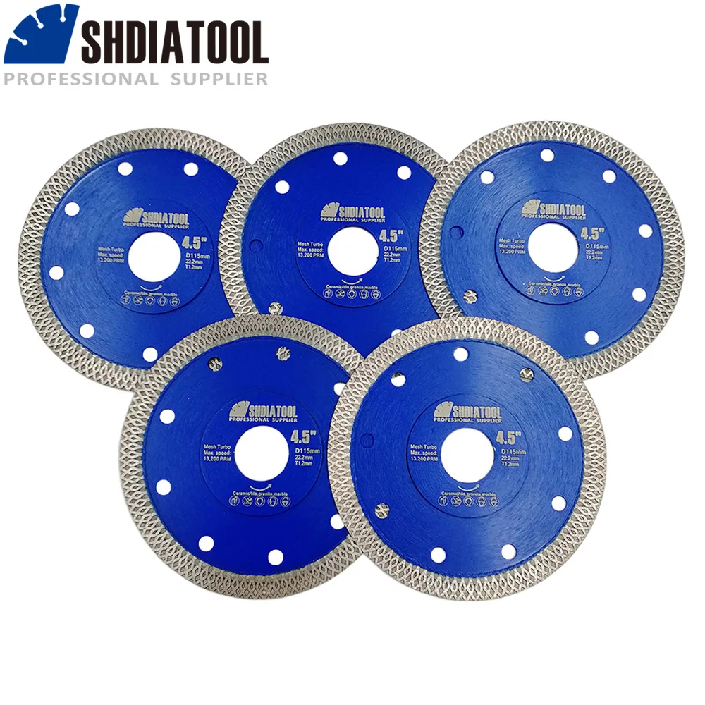 SHDIATOOL 5pcs 4-1/2 Inch Diamond Cutting Disc Set X Mesh Turbo Saw Blade Tile Cutter Marble Porcelain Plate Masonry Stone 115mm