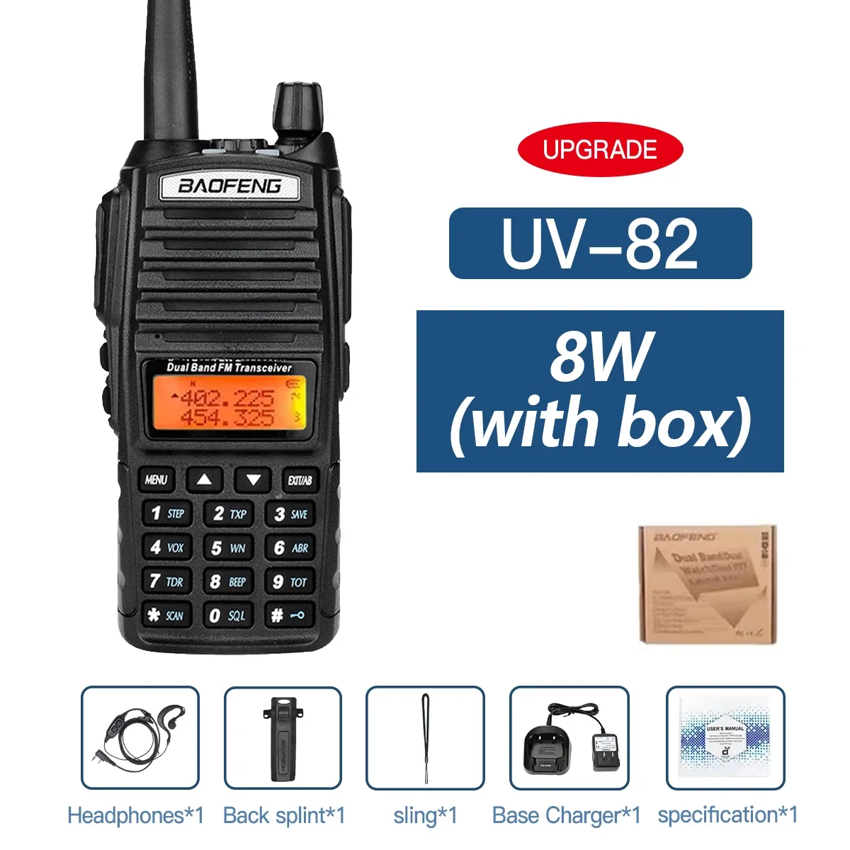 Baofeng UV-82 EU82X Dual PTT جهاز اتصال لاسلكي |   5 واط/8 واط قوة عالية |   ثنائي النطاق VHF/UHF |   نطاق 10 كجم |   راديو FM Amateur Ham CB