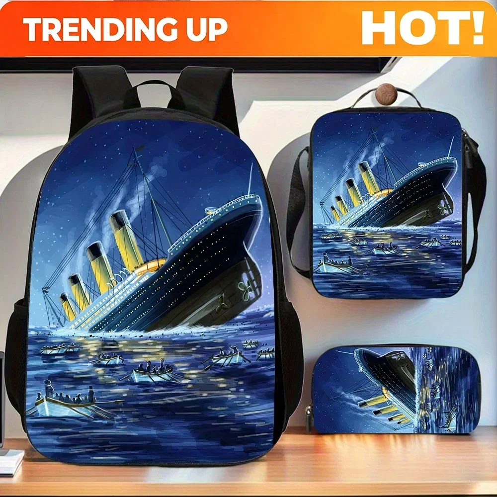 Custom Bag 3pcs Titanic Pattern Backpack Set | Includes Large Capacity Casual Double Shoulder Backpack, Pencil Bag, And Lunch Bo