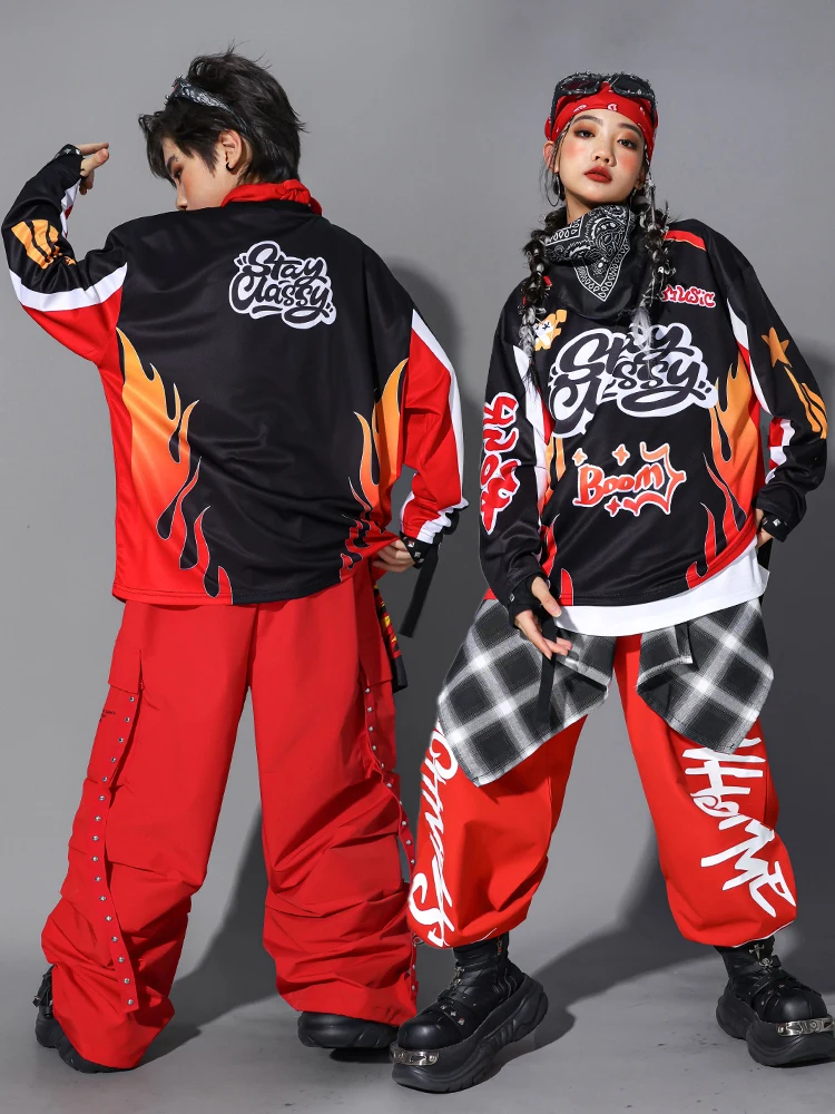 Neue Hip Hop Jungen Coole Langarm-shirt Rote Weste Cargo Hosen Mädchen K-pop Streetwear Kostüm Gruppe Jazz Street Dance kleidung Set