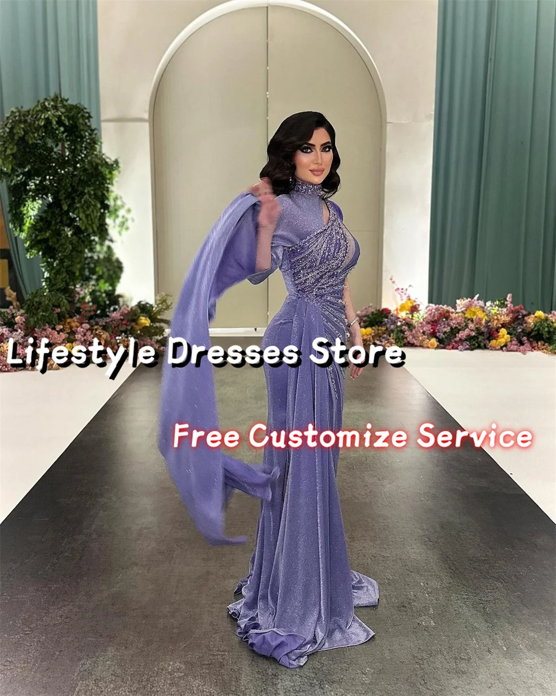 Customized One-shoulder Shiny Purple Prom Dresses Beads Sequins Long Evening Dress Saudi Arabia Party Gown