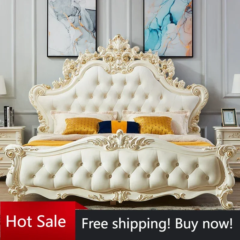 

High End Luxury Double Bed Gold Carved Modern Frame Queen Double Bed Floor Sleeping European Cama Matrimonial Bedroom Furniture