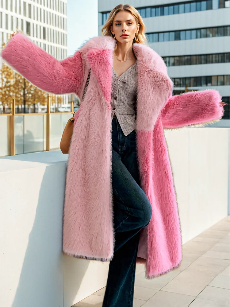 DEAT Fashion Women\'s Faux Fur Coat Lapel Loose Contrast Color Sashes Long Sleeve Thick Warm Jackets Winter 2024 New 7AB4940