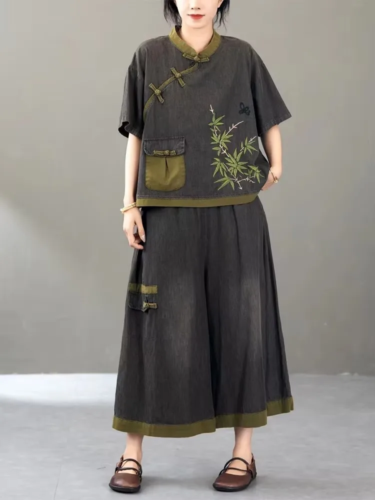 AmaxluluE Summer Womens Embroidery Plus Size 2 Pieces Sets Loose Casual Tops Wide Leg Pants Denim Outfits Fashion Floral Suits