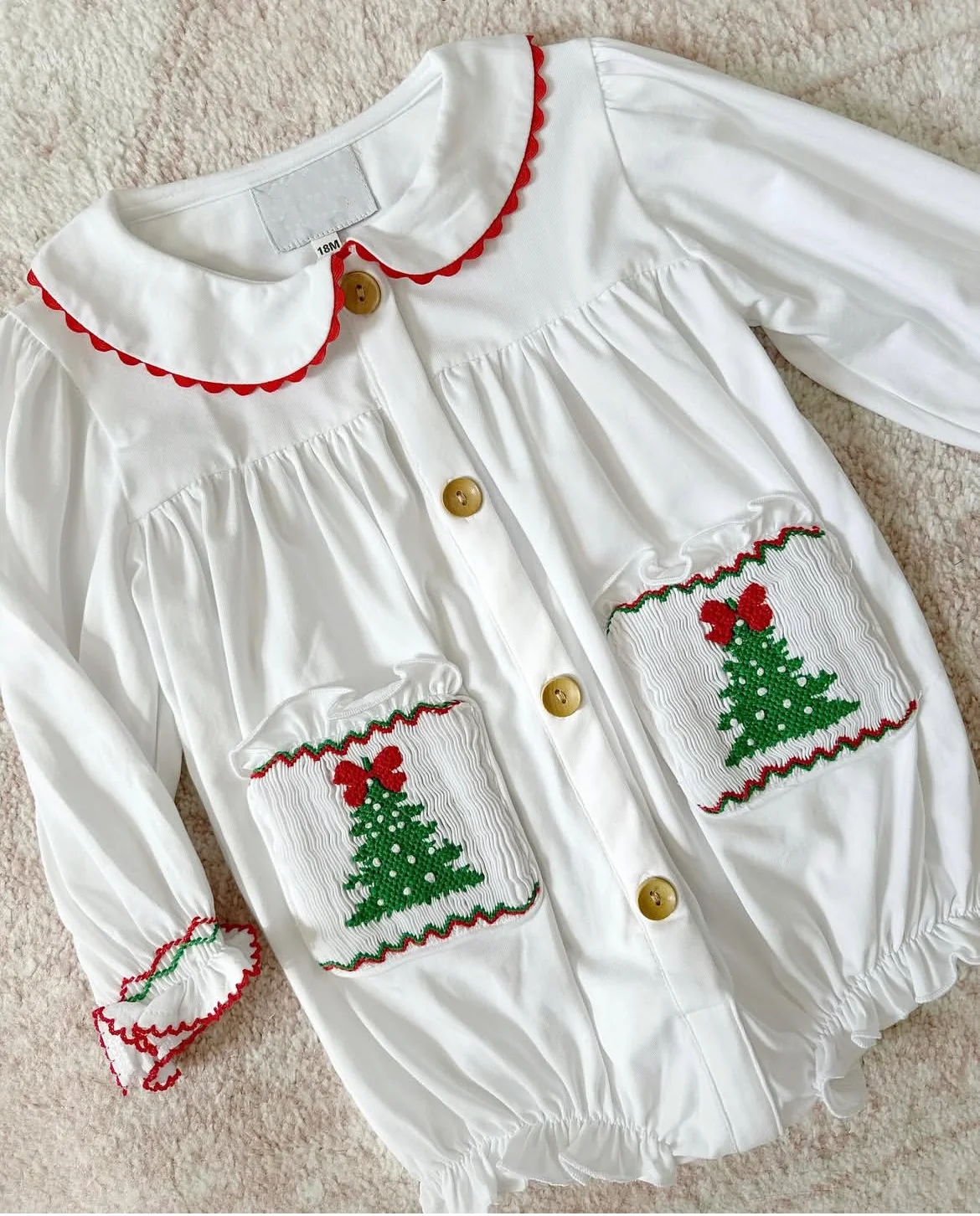 

0-6Y Girl Autumn Pockets Handmade Embroidery Smocked White Romper for Christmas Party Birthday Casual A198