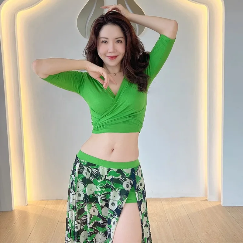 Customized SWEGAL Belly Dance Practice Dress Set Series Tie Top Green Printed Chiffon Big Swing Skirt Oriental Dance Large Size