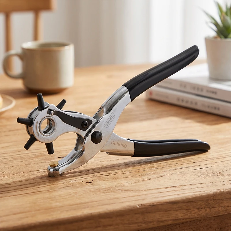 9 Inch 6 Round Hole Punch Plier with Dipped Handle, CR-V Punch Head, Punching Diameter 2-4.5mm Multi-function Leather Craft Tool