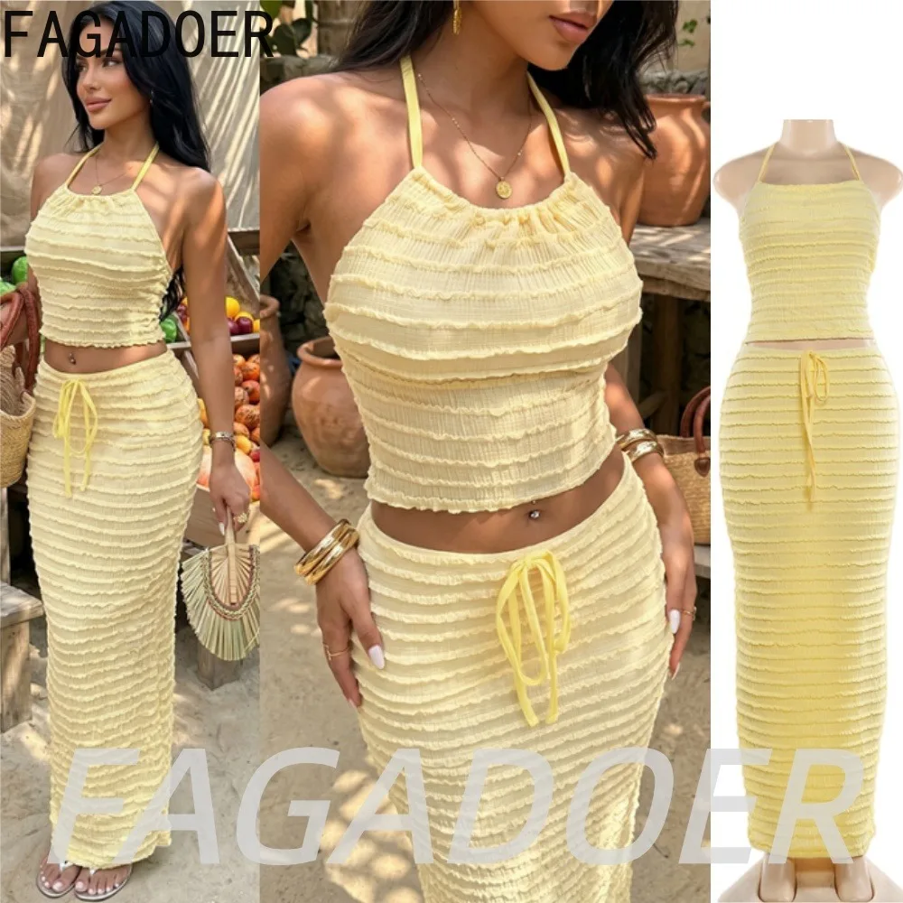 FAGADOER Fashion Lace-up Patchwork Skirts 2 Pcs Sets Casual Off Shoulder Halter Crop Top + Long Skirts Suits Beach Vacation Wear