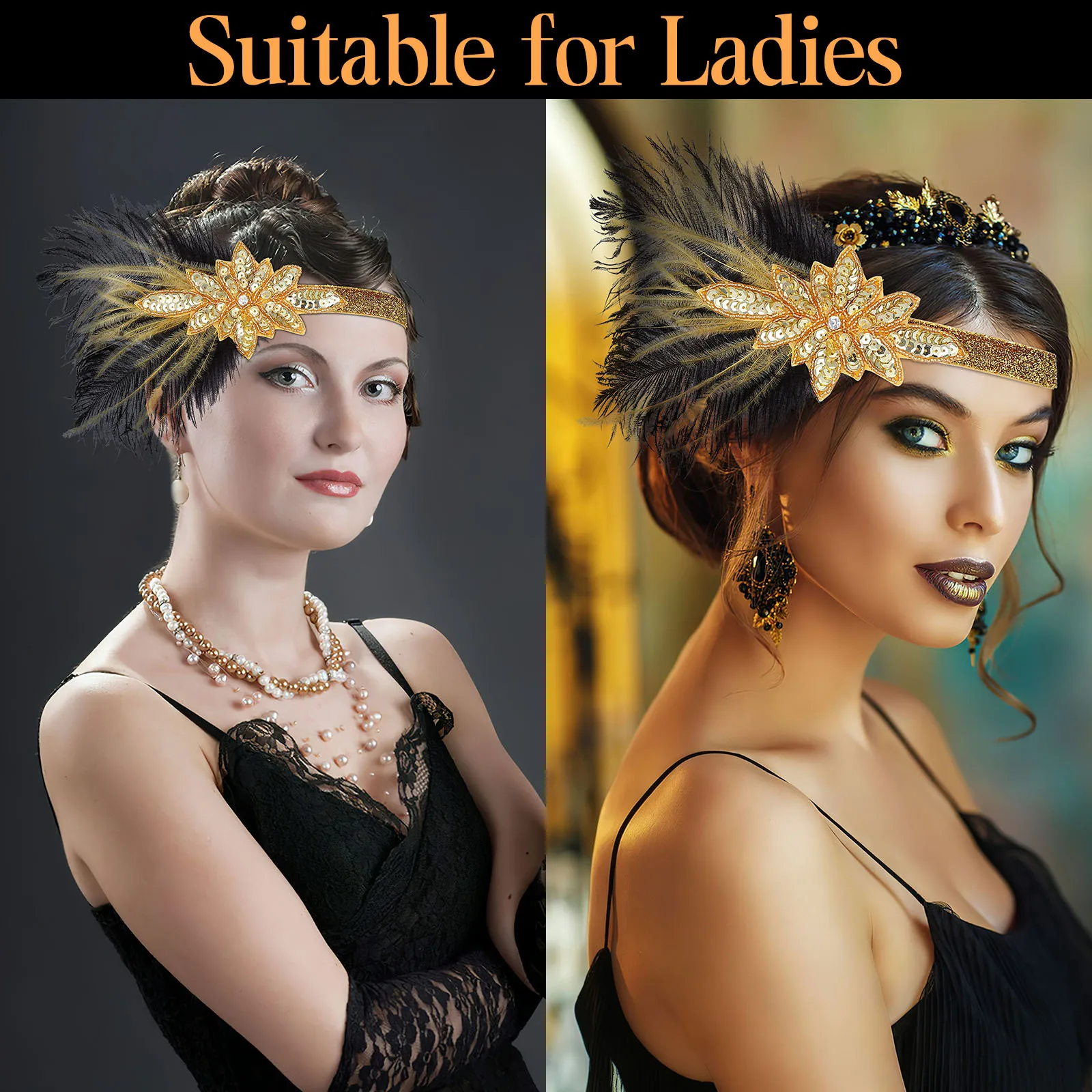 

Glitter Sequin Headband for Women Retro Flapper Style Plume Decorated Vintage Headdress Perfect Party Wedding 1920S Cosplay