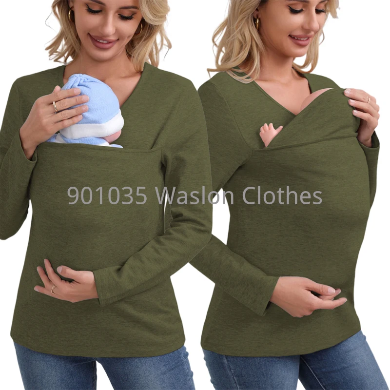 ผู้หญิงแขนยาว T เสื้อ Baby Carrier ความปลอดภัย Kangaroo Pocket การตั้งครรภ์เสื้อผ้าฤดูใบไม้ผลิฤดูหนาวแขนยาวแม่ Top