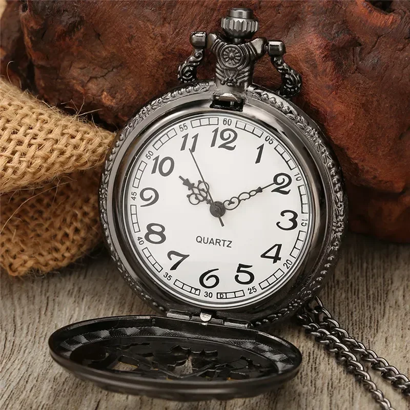 Bronze Dad Pocket Watch Hollow Out Arabic Number Dial Quartz Movement Timepiece with Necklace Chain Vintage Father Gift