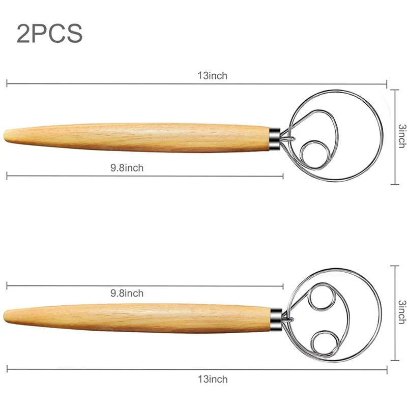 2 buah kocokan adonan Denmark, kocokan besi tahan karat 13 inci, kocokan kayu Denmark, alat dapur untuk roti, adonan