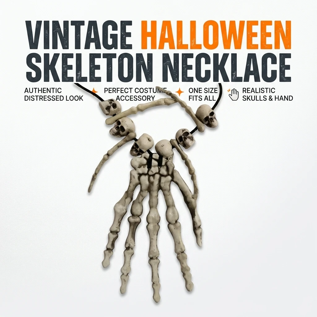 Halloween Skeleton Necklace Vintage Distressed Skull and Bone Hand Pendant Scary Spooky Gothic Jewelry for Horror Costume Cosplay Party Accessories Retro Plastic Bone Choker for Men Women Kids