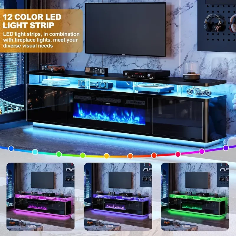 70 Fireplace TV Stand with Double LED Lights for TVs UP to 80 Electric Fireplace Entertainment Center with Storage Cabinets
