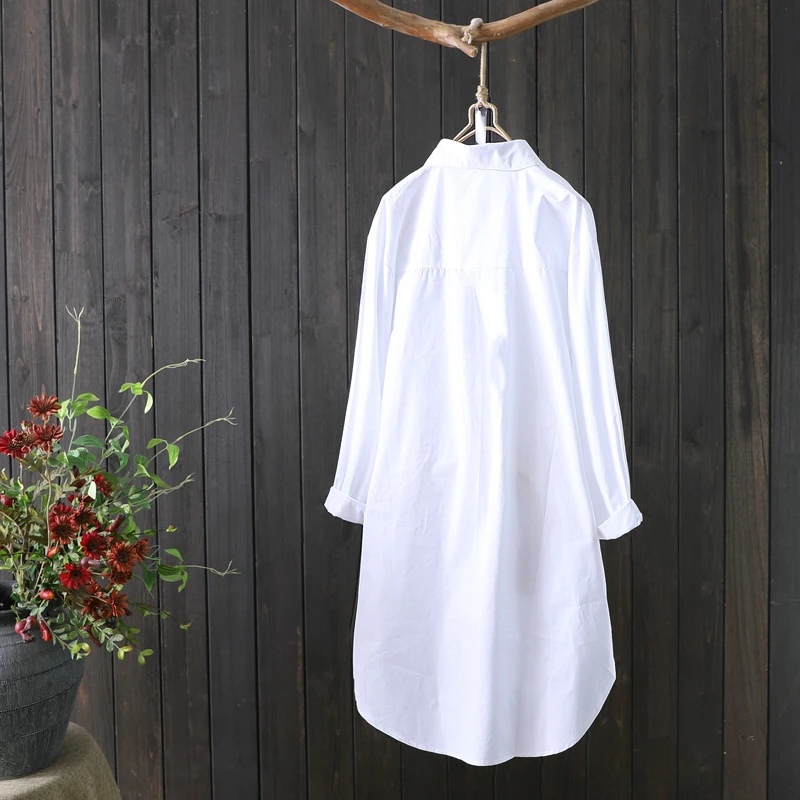 Women Embroidery Loose Long White Shirts 2024 Spring Autumn New Casual Office Lady Blouse Female Top Oversize Blouse