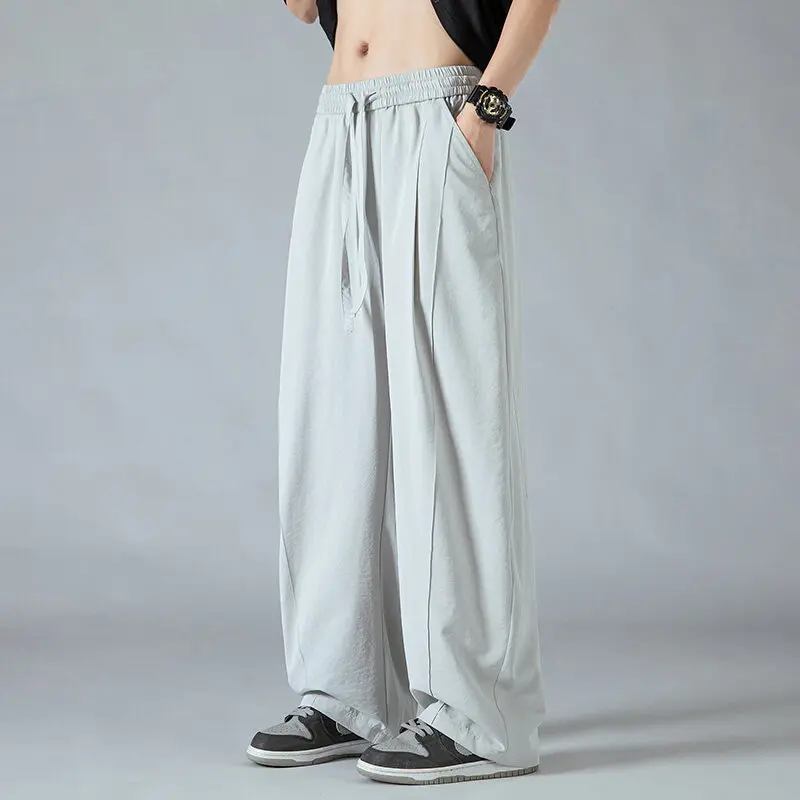 2026 Summer New Ice Silk Solid Casual Wide Leg Pants for Men Japanese Korean Fashion Unisex Thin Baggy Pants Jogger Sweatpants