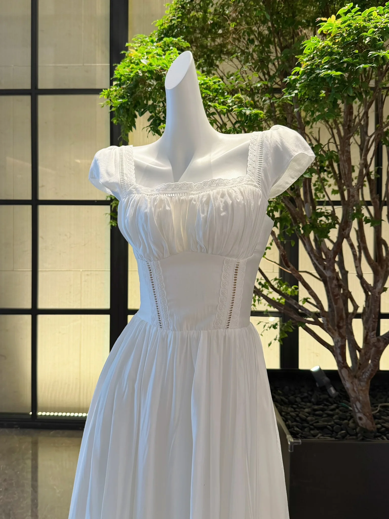 Back Bow Decoration Women White Dress Lace Hollow Out High Waist Square Collar Short Sleeve Casual Female Cotton Robe